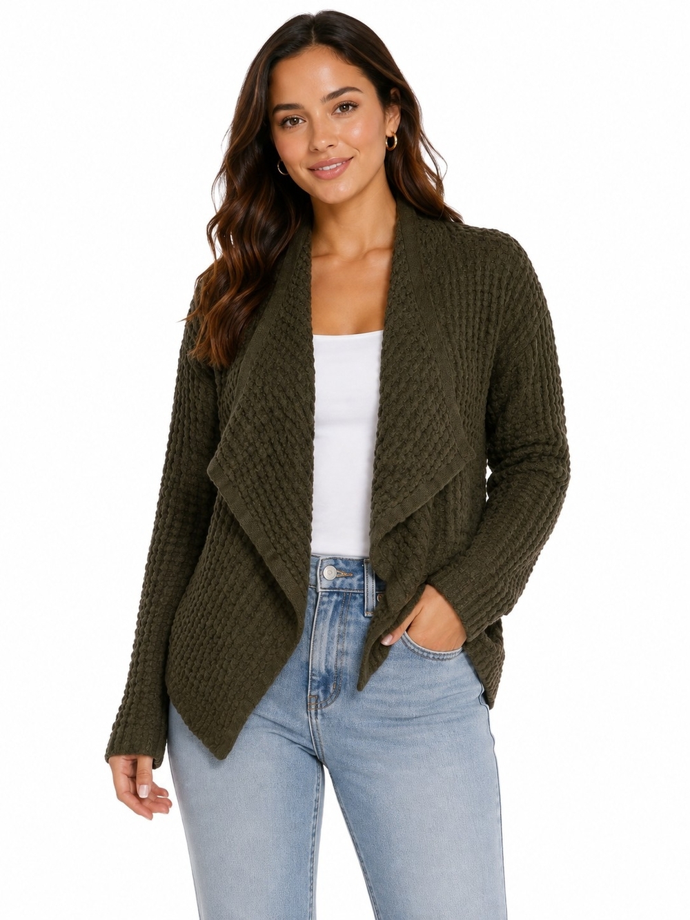 Draped Olive Knit Open-Front Cardigan